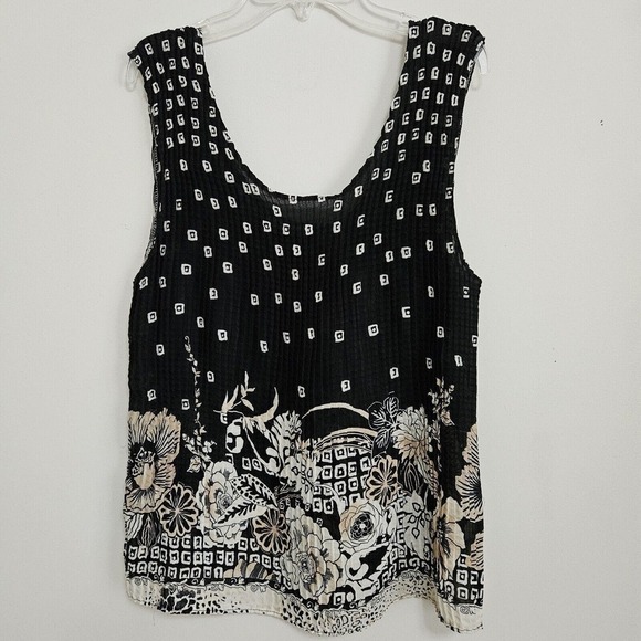 Women’s Size Medium Accordion Pleated Black Tan Floral Sleeveless Top Scoop Neck - Picture 1 of 6